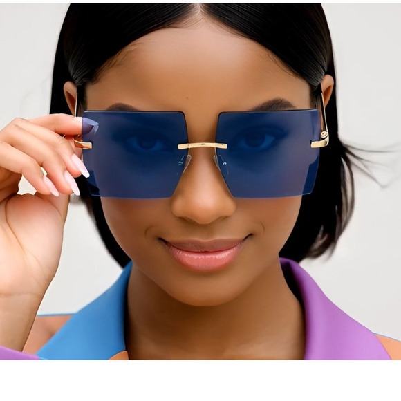 Square‎ Sunglasses Rimless Oversized Fashion Blue Tinted Lens Sun Glasses Women - Picture 7 of 10